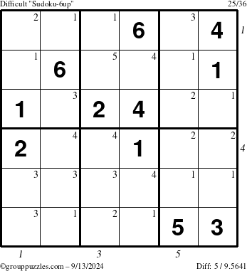 The grouppuzzles.com Difficult Sudoku-6up puzzle for Friday September 13, 2024, suitable for printing, with all 5 steps marked