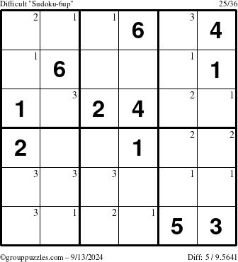 The grouppuzzles.com Difficult Sudoku-6up puzzle for Friday September 13, 2024 with the first 3 steps marked