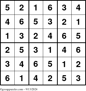 The grouppuzzles.com Answer grid for the Sudoku-6up puzzle for Friday September 13, 2024