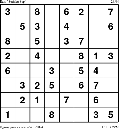 The grouppuzzles.com Easy Sudoku-8up puzzle for Friday September 13, 2024