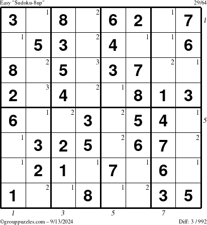 The grouppuzzles.com Easy Sudoku-8up puzzle for Friday September 13, 2024 with all 3 steps marked