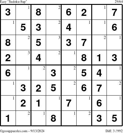 The grouppuzzles.com Easy Sudoku-8up puzzle for Friday September 13, 2024 with the first 3 steps marked