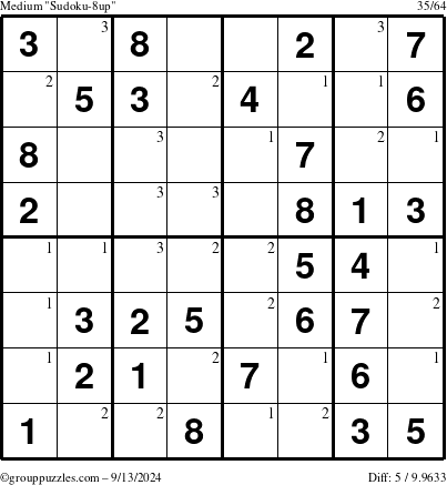 The grouppuzzles.com Medium Sudoku-8up puzzle for Friday September 13, 2024 with the first 3 steps marked