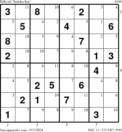 The grouppuzzles.com Difficult Sudoku-8up puzzle for Friday September 13, 2024 with all 11 steps marked