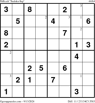 The grouppuzzles.com Difficult Sudoku-8up puzzle for Friday September 13, 2024 with the first 3 steps marked