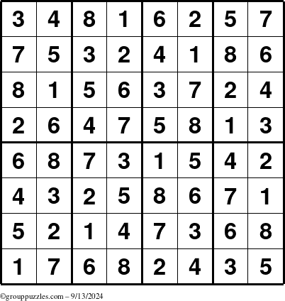 The grouppuzzles.com Answer grid for the Sudoku-8up puzzle for Friday September 13, 2024