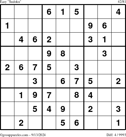 The grouppuzzles.com Easy Sudoku puzzle for Friday September 13, 2024