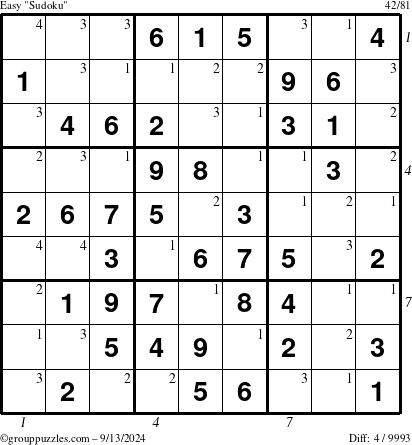 The grouppuzzles.com Easy Sudoku puzzle for Friday September 13, 2024, suitable for printing, with all 4 steps marked