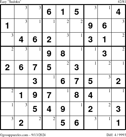 The grouppuzzles.com Easy Sudoku puzzle for Friday September 13, 2024 with the first 3 steps marked