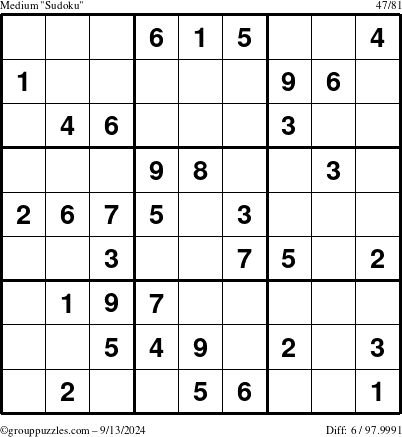 The grouppuzzles.com Medium Sudoku puzzle for Friday September 13, 2024