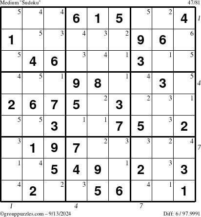 The grouppuzzles.com Medium Sudoku puzzle for Friday September 13, 2024 with all 6 steps marked