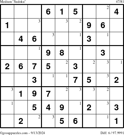 The grouppuzzles.com Medium Sudoku puzzle for Friday September 13, 2024 with the first 3 steps marked