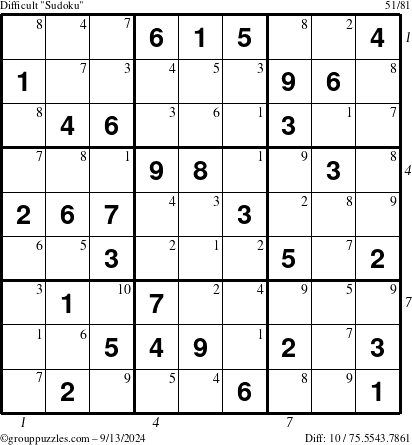 The grouppuzzles.com Difficult Sudoku puzzle for Friday September 13, 2024 with all 10 steps marked