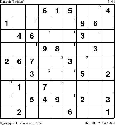 The grouppuzzles.com Difficult Sudoku puzzle for Friday September 13, 2024 with the first 3 steps marked