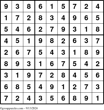 The grouppuzzles.com Answer grid for the Sudoku puzzle for Friday September 13, 2024