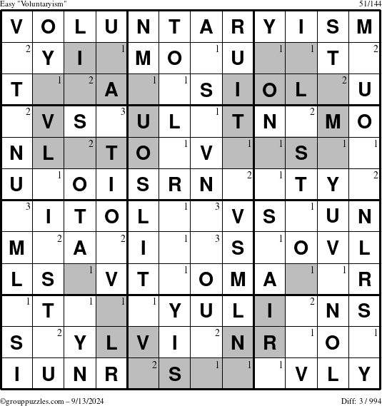 The grouppuzzles.com Easy Voluntaryism puzzle for Friday September 13, 2024 with the first 3 steps marked