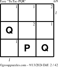 The grouppuzzles.com Easy TicTac-PQR puzzle for Friday September 13, 2024, suitable for printing, with all 2 steps marked