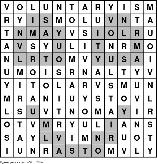 The grouppuzzles.com Answer grid for the Voluntaryism puzzle for Friday September 13, 2024