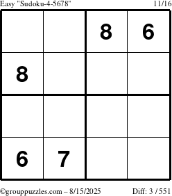 The grouppuzzles.com Easy Sudoku-4-5678 puzzle for Friday August 15, 2025