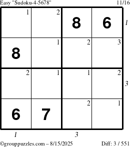 The grouppuzzles.com Easy Sudoku-4-5678 puzzle for Friday August 15, 2025 with all 3 steps marked