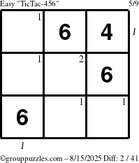 The grouppuzzles.com Easy TicTac-456 puzzle for Friday August 15, 2025 with all 2 steps marked