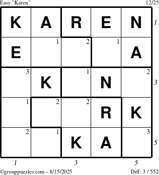 The grouppuzzles.com Easy Karen puzzle for Friday August 15, 2025 with all 3 steps marked