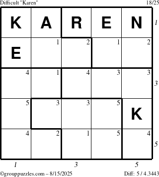 The grouppuzzles.com Difficult Karen puzzle for Friday August 15, 2025 with all 5 steps marked