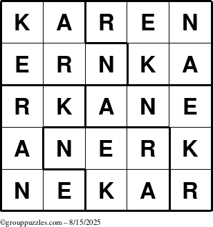 The grouppuzzles.com Answer grid for the Karen puzzle for Friday August 15, 2025