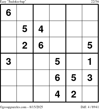 The grouppuzzles.com Easy Sudoku-6up puzzle for Friday August 15, 2025