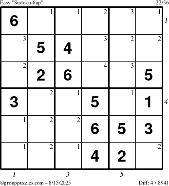 The grouppuzzles.com Easy Sudoku-6up puzzle for Friday August 15, 2025 with all 4 steps marked