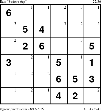 The grouppuzzles.com Easy Sudoku-6up puzzle for Friday August 15, 2025 with the first 3 steps marked