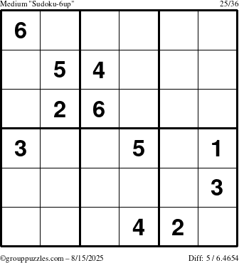 The grouppuzzles.com Medium Sudoku-6up puzzle for Friday August 15, 2025