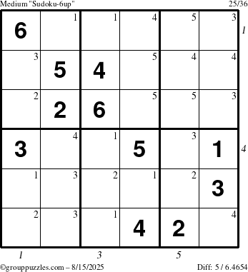 The grouppuzzles.com Medium Sudoku-6up puzzle for Friday August 15, 2025 with all 5 steps marked