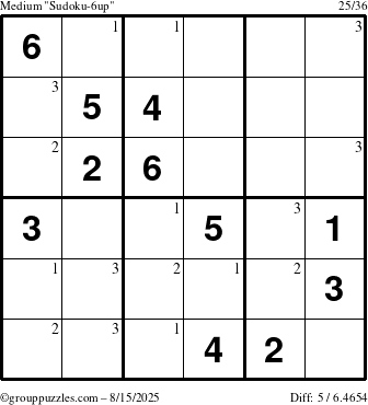 The grouppuzzles.com Medium Sudoku-6up puzzle for Friday August 15, 2025 with the first 3 steps marked
