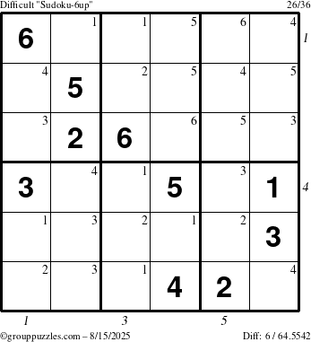 The grouppuzzles.com Difficult Sudoku-6up puzzle for Friday August 15, 2025 with all 6 steps marked