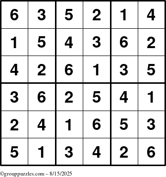 The grouppuzzles.com Answer grid for the Sudoku-6up puzzle for Friday August 15, 2025