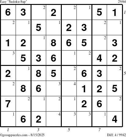 The grouppuzzles.com Easy Sudoku-8up puzzle for Friday August 15, 2025 with all 4 steps marked