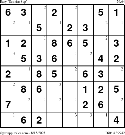 The grouppuzzles.com Easy Sudoku-8up puzzle for Friday August 15, 2025 with the first 3 steps marked