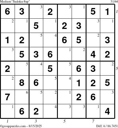 The grouppuzzles.com Medium Sudoku-8up puzzle for Friday August 15, 2025 with all 6 steps marked