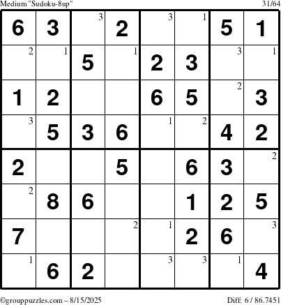 The grouppuzzles.com Medium Sudoku-8up puzzle for Friday August 15, 2025 with the first 3 steps marked