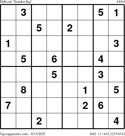 The grouppuzzles.com Difficult Sudoku-8up puzzle for Friday August 15, 2025