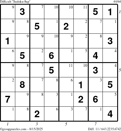 The grouppuzzles.com Difficult Sudoku-8up puzzle for Friday August 15, 2025, suitable for printing, with all 11 steps marked