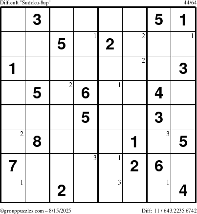 The grouppuzzles.com Difficult Sudoku-8up puzzle for Friday August 15, 2025 with the first 3 steps marked