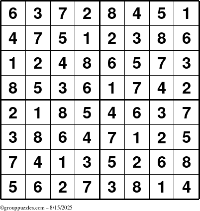 The grouppuzzles.com Answer grid for the Sudoku-8up puzzle for Friday August 15, 2025
