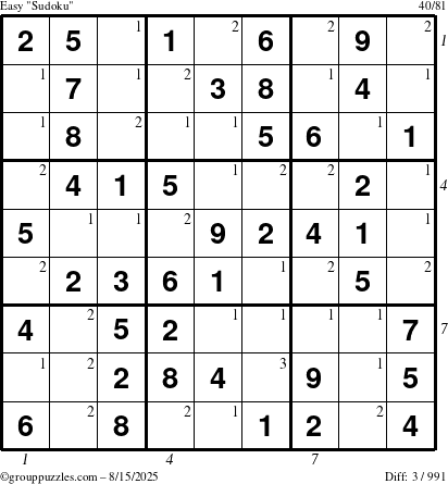 The grouppuzzles.com Easy Sudoku puzzle for Friday August 15, 2025 with all 3 steps marked