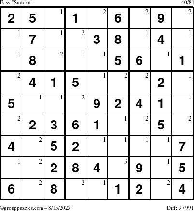 The grouppuzzles.com Easy Sudoku puzzle for Friday August 15, 2025 with the first 3 steps marked