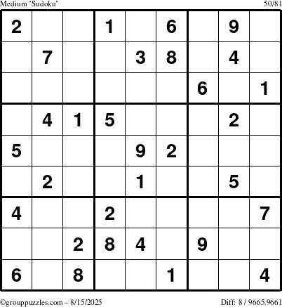 The grouppuzzles.com Medium Sudoku puzzle for Friday August 15, 2025
