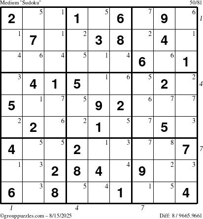 The grouppuzzles.com Medium Sudoku puzzle for Friday August 15, 2025 with all 8 steps marked