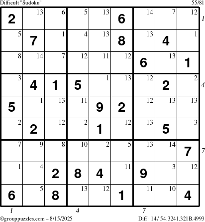 The grouppuzzles.com Difficult Sudoku puzzle for Friday August 15, 2025 with all 14 steps marked