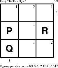 The grouppuzzles.com Easy TicTac-PQR puzzle for Friday August 15, 2025 with all 2 steps marked